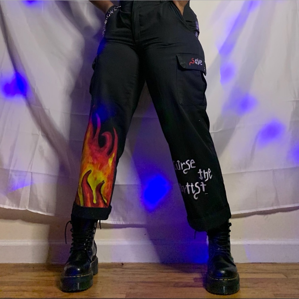 Black hand painted cargo pants